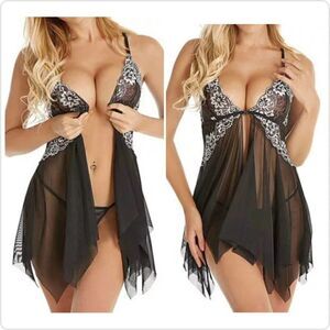 Sexy Sheer Stretch Lace Mesh Front Closure Babydoll Lingerie sz S